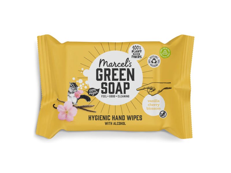 Marcel's Green Soap Vanille & Kersenbloesem handdoekjes met alcohol, glycerine en aloë vera. Hygiënisch, zacht voor de huid, ideaal voor onderweg, geen naspoelen nodig.