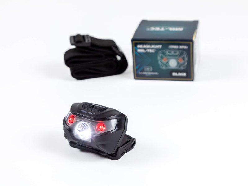 MIL-TEC hoofdlamp met wit en rood licht, 200 lumen. Meerdere standen, werkt op AAA-batterijen, aparte schakelaars en verstelbare hoofdband voor optimaal draagcomfort.